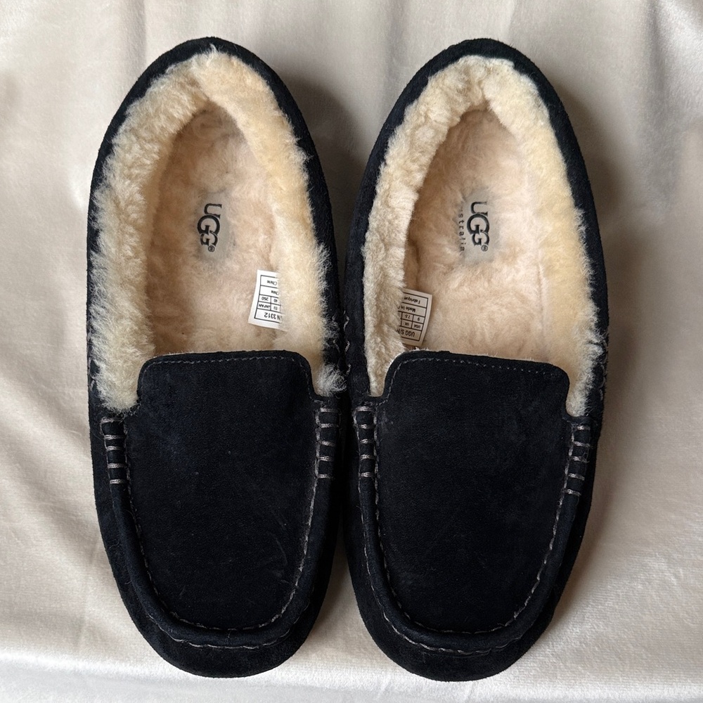 UGG Women’s Ansley Black Suede & Sheepskin Slippers/Loafers